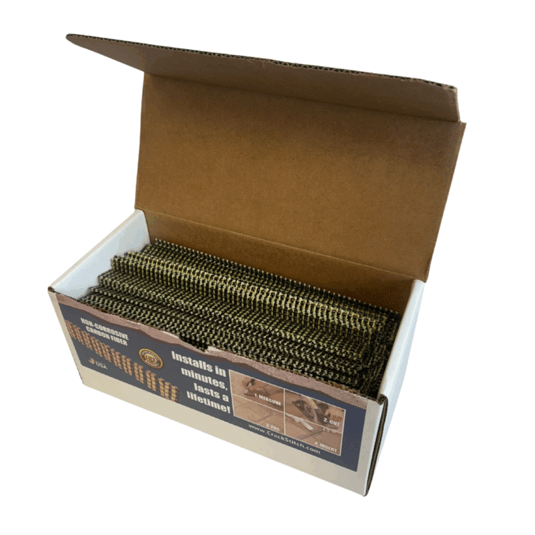 Crack Stitch box that has been opened and has a Crack Stitch label on it with carbon fiber kevlar stitches inside