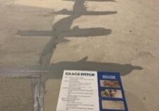 Crack Stitch carbon fiber crack repair installed on a concrete floor in a San Diego Ranch-style home. The image shows a repaired crack reinforced with Crack Stitch stitches and filled with epoxy, alongside an instruction sheet detailing the installation process.
